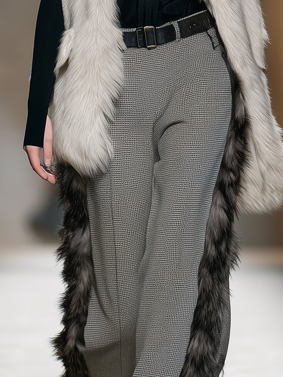 Chic Pantalon à Carreaux Gris avec Élégante Bordure en Fausse Fourrure