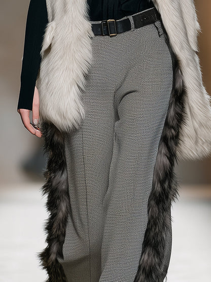 Chic Pantalon à Carreaux Gris avec Élégante Bordure en Fausse Fourrure