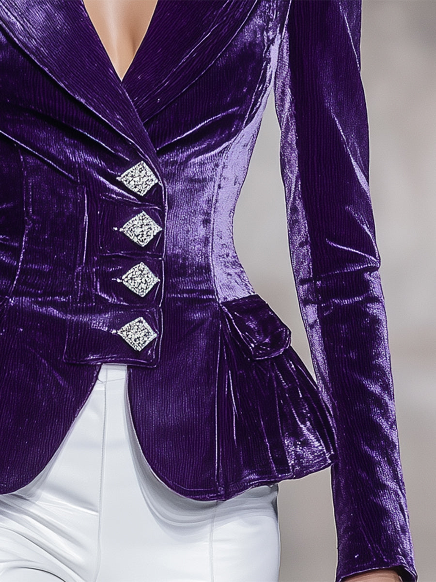 Élégant Blazer en Velours Violet Orné de Boutons Diamant