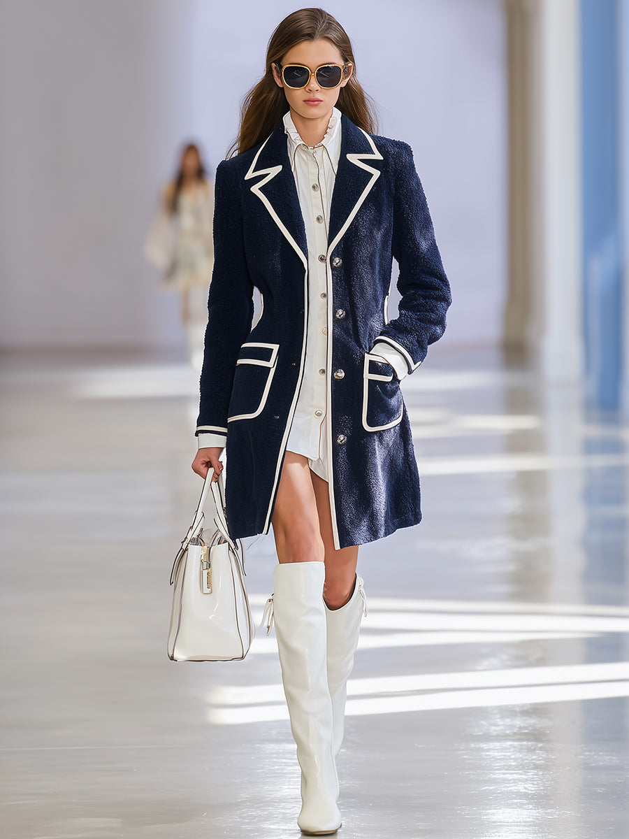 Chic Veste Bleu Marine avec Col Blanc Contrastant
