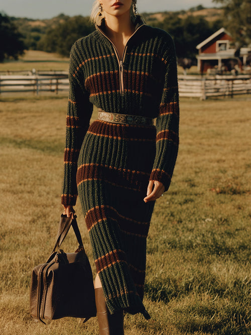 Robe Midi Retro à Rayures Vert Foncé avec Fente et Demi-Zip
