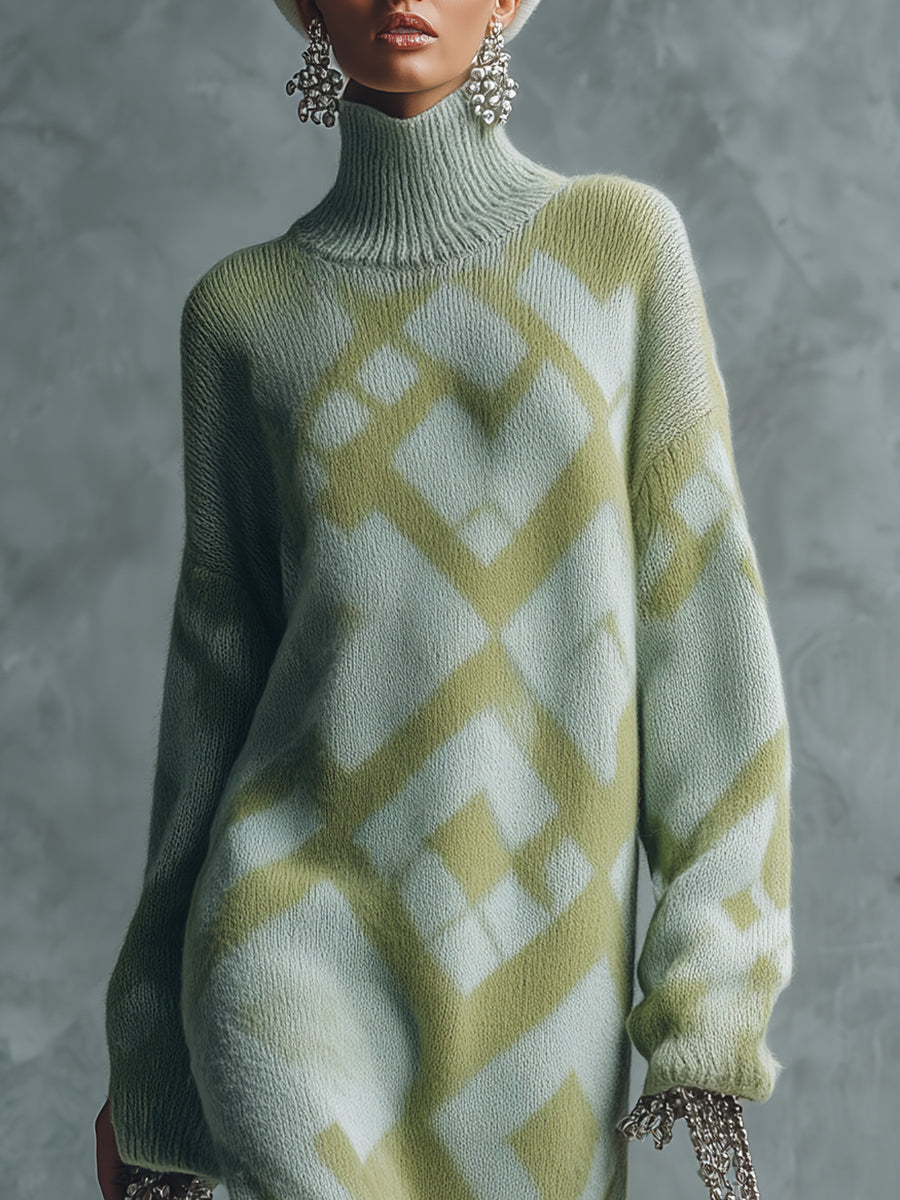 Robe Maxi Tricotée Verte Élégante à Manches Longues avec Ourlet en Fausse Fourrure Luxueuse