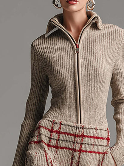 Robe Midi Évasée Vintage Abricot à Carreaux avec Zip Élégant