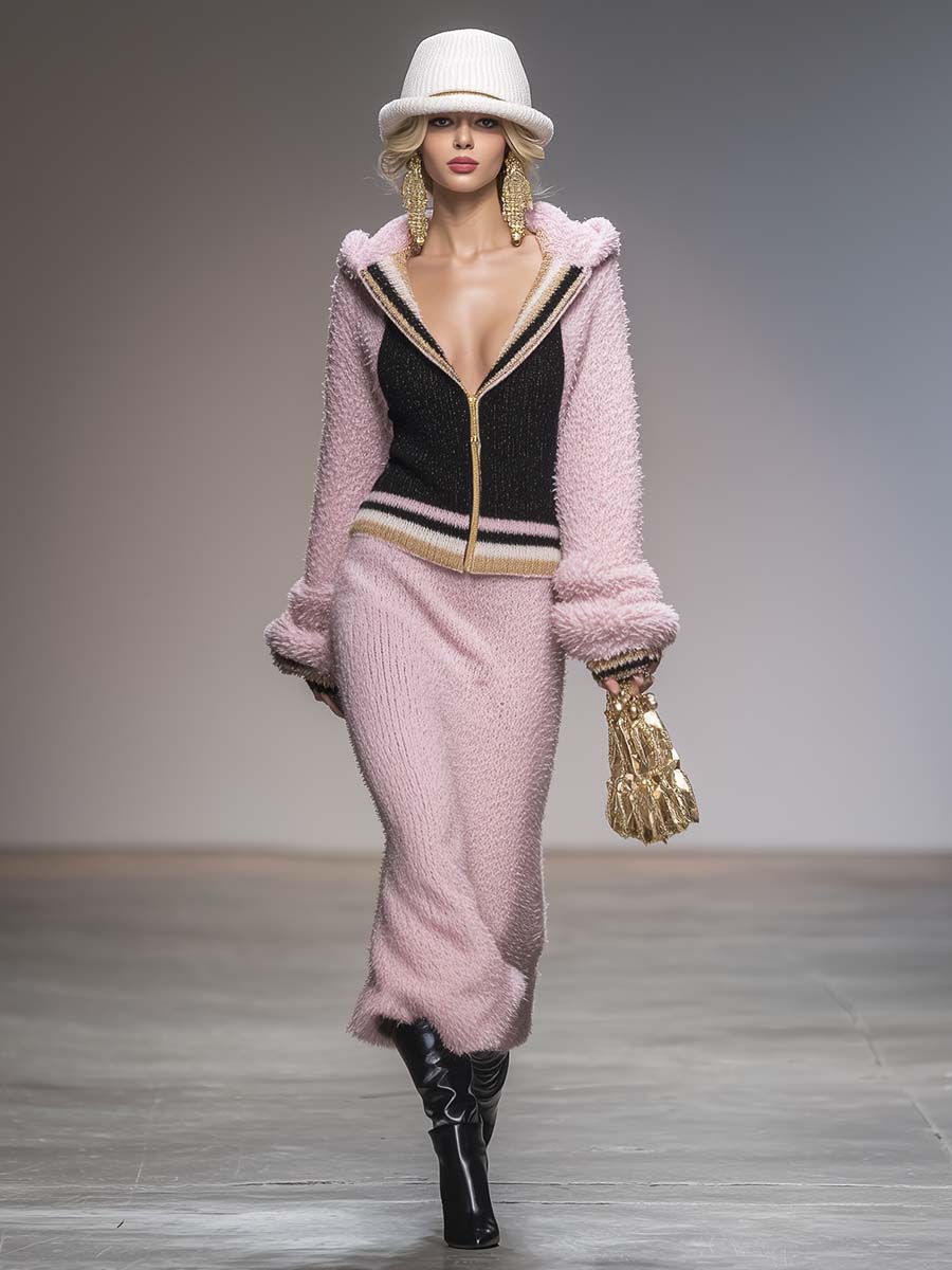 Ensemble Sportif Rétro Chic : Sweat à Capuche Zippé et Jupe Coordonnée