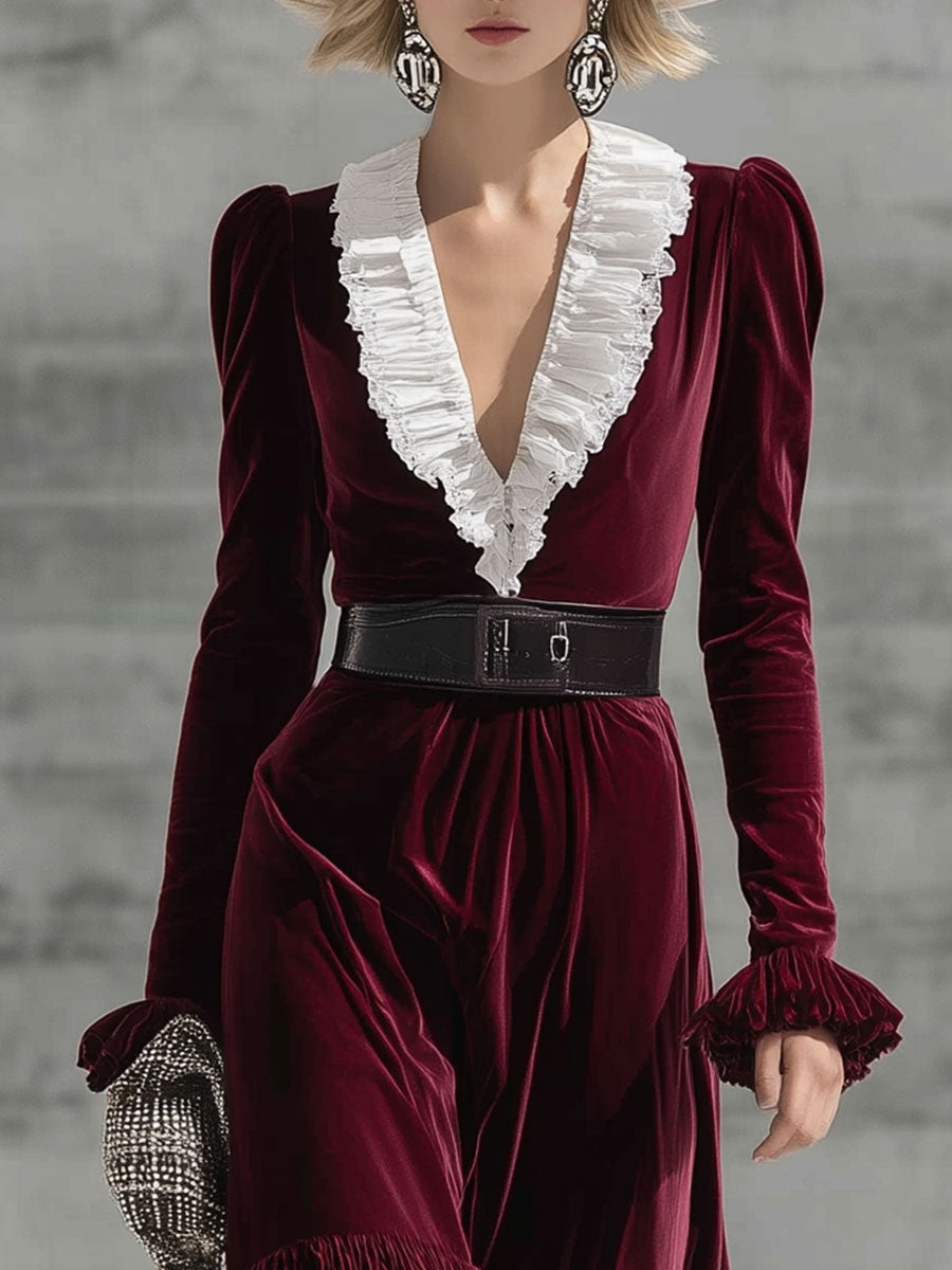 Robe Midi Rétro en Velours Bourgogne