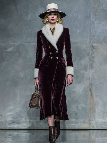 Veste en velours violet à double boutonnage avec col en fourrure rétro chic