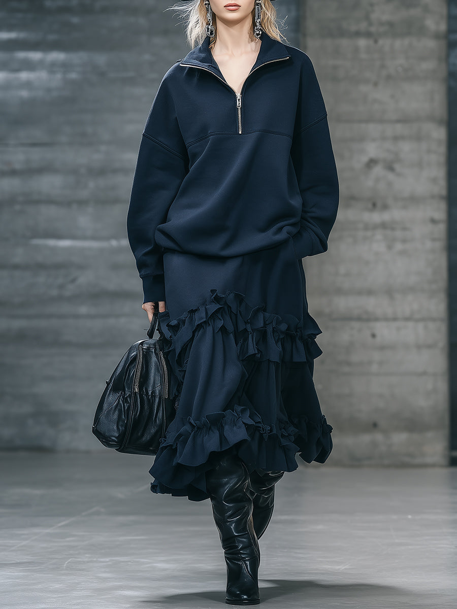 Ensemble Chic Sportif : Sweatshirt Bleu Foncé à Revers et Jupe Volante Élégante