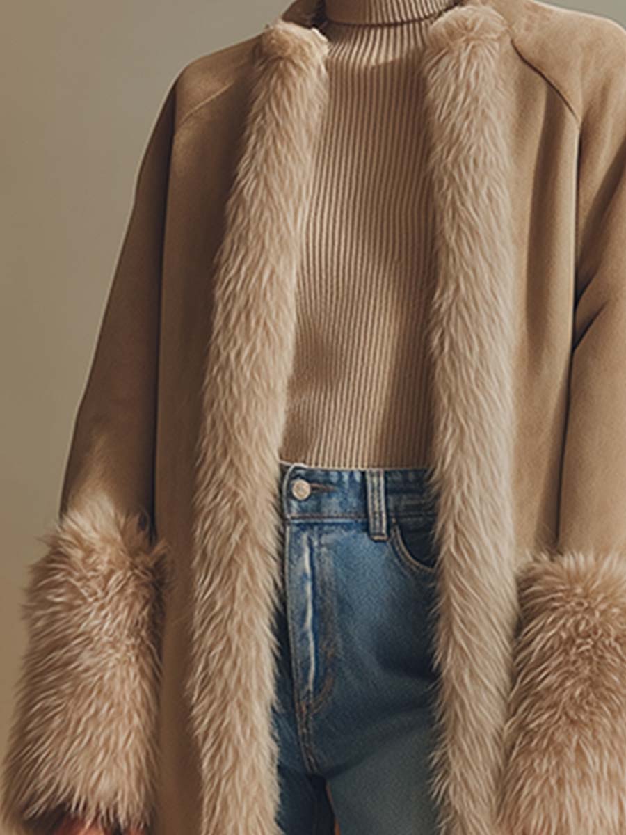 Longue Manteau en Fausse Suède avec Élégante Bordure en Fausse Fourrure - Luxe Abricot Doublé en Polaire