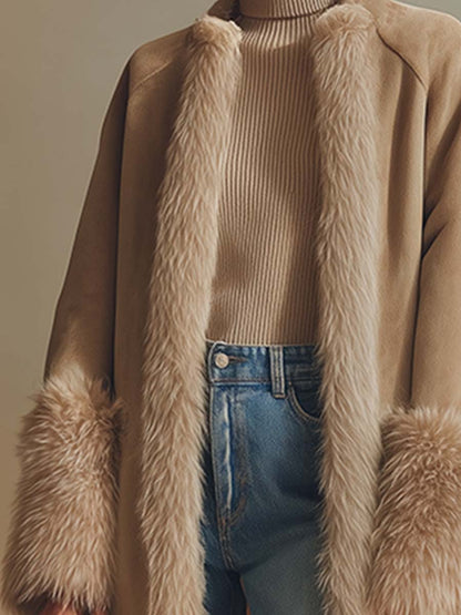 Elegant Long Faux Suede Coat with Luxurious Fleece Lining and Chic Faux Fur Trim