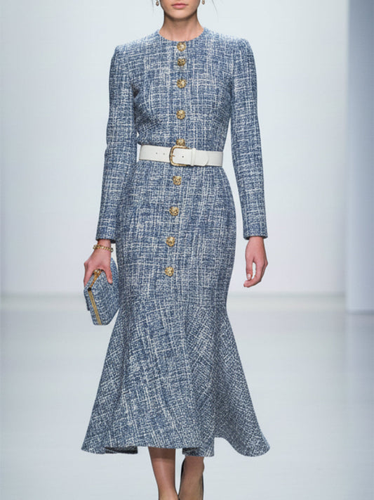 Robe Maxi Fishtail en Tweed Bleu à Boutons Élégants