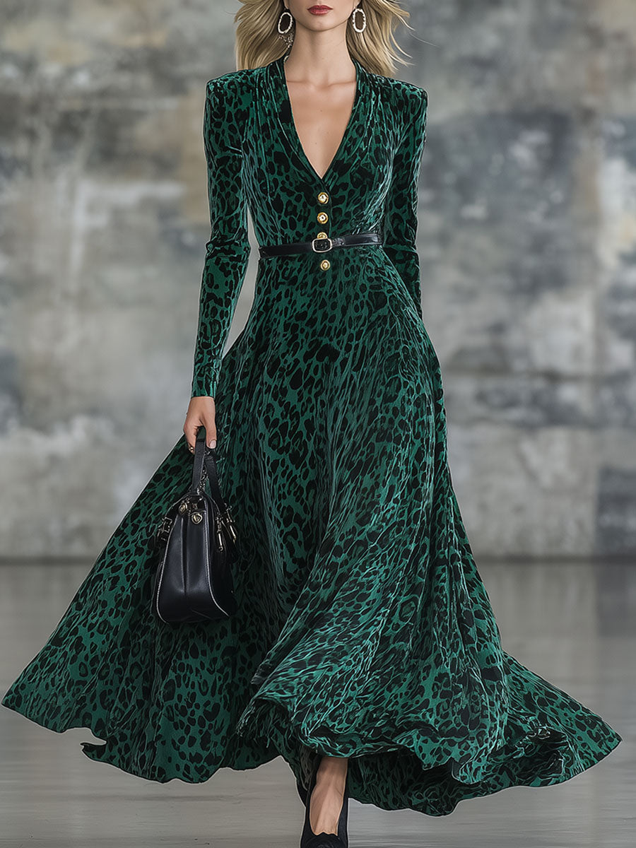 Robe Maxi Élégante en Velours Vert Léopard au Style Rétro
