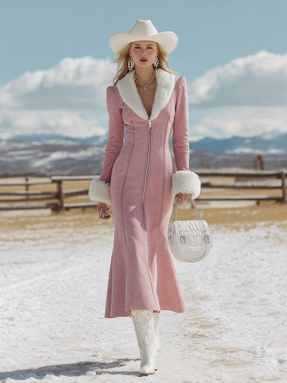 Robe Maxi en Suédine Rose avec Détails en Fourrure de Lapin Synthétique