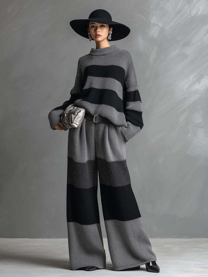 Ensemble Élégant en Tricot à Rayures Grises avec Pantalon Large - Confort et Style Assurés