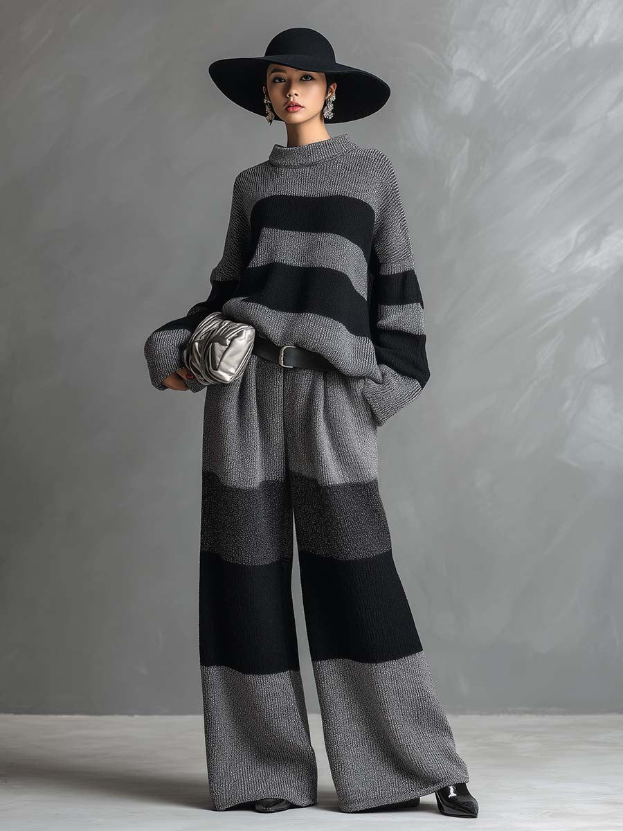 Ensemble Élégant en Tricot Rayé Gris avec Pantalon à Jambes Larges - Chic et Confortable