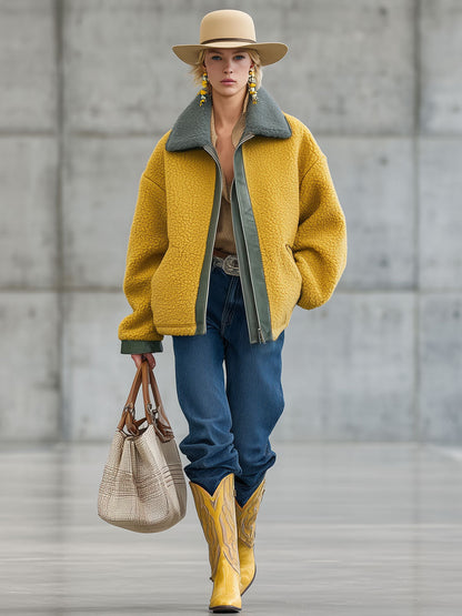 Veste Polaire Jaune avec Détails en PU - Style Nomade Urbain Rétro