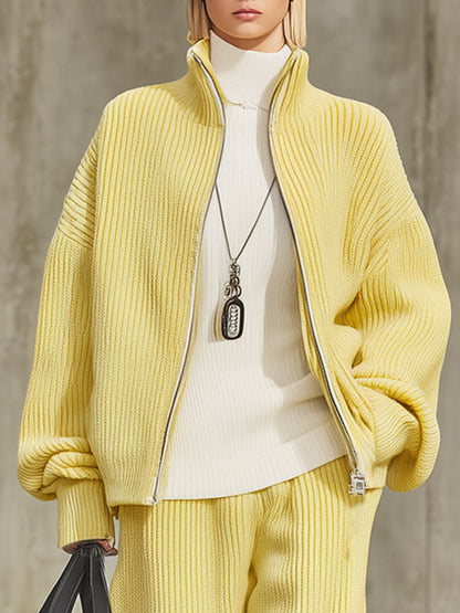 Ensemble Chic en Tricot : Cardigan Zippé à Col Montant et Pantalons à Jambe Large