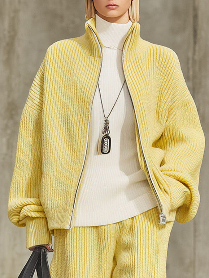 Ensemble Chic en Tricot : Cardigan Zippé à Col Montant et Pantalons à Jambe Large