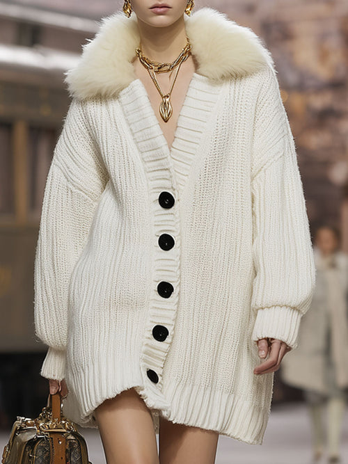 Mi-Long Cardigan en Tricot avec Col en Fourrure Synthétique