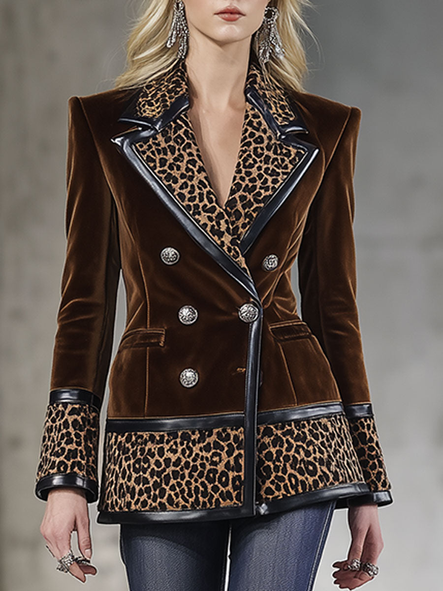 Vintage Brown Leopard Print Velvet Blazer