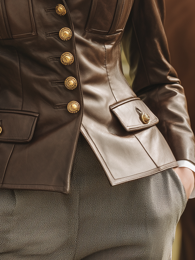 Veste rétro en simili cuir chic avec col et poches pratiques