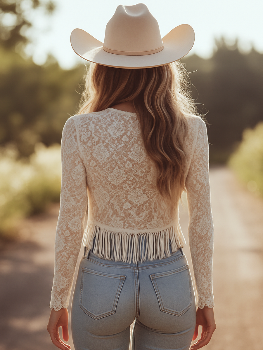 【Expédition en 24h】T-shirt rétro à franges en dentelle, manches longues et décolleté en V