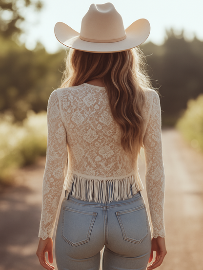 【Expédition en 24h】T-shirt rétro à franges en dentelle, manches longues et décolleté en V