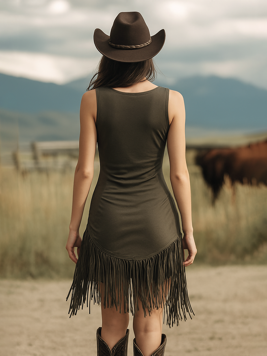 Robe Boho Mini Sans Manches avec Franges en V