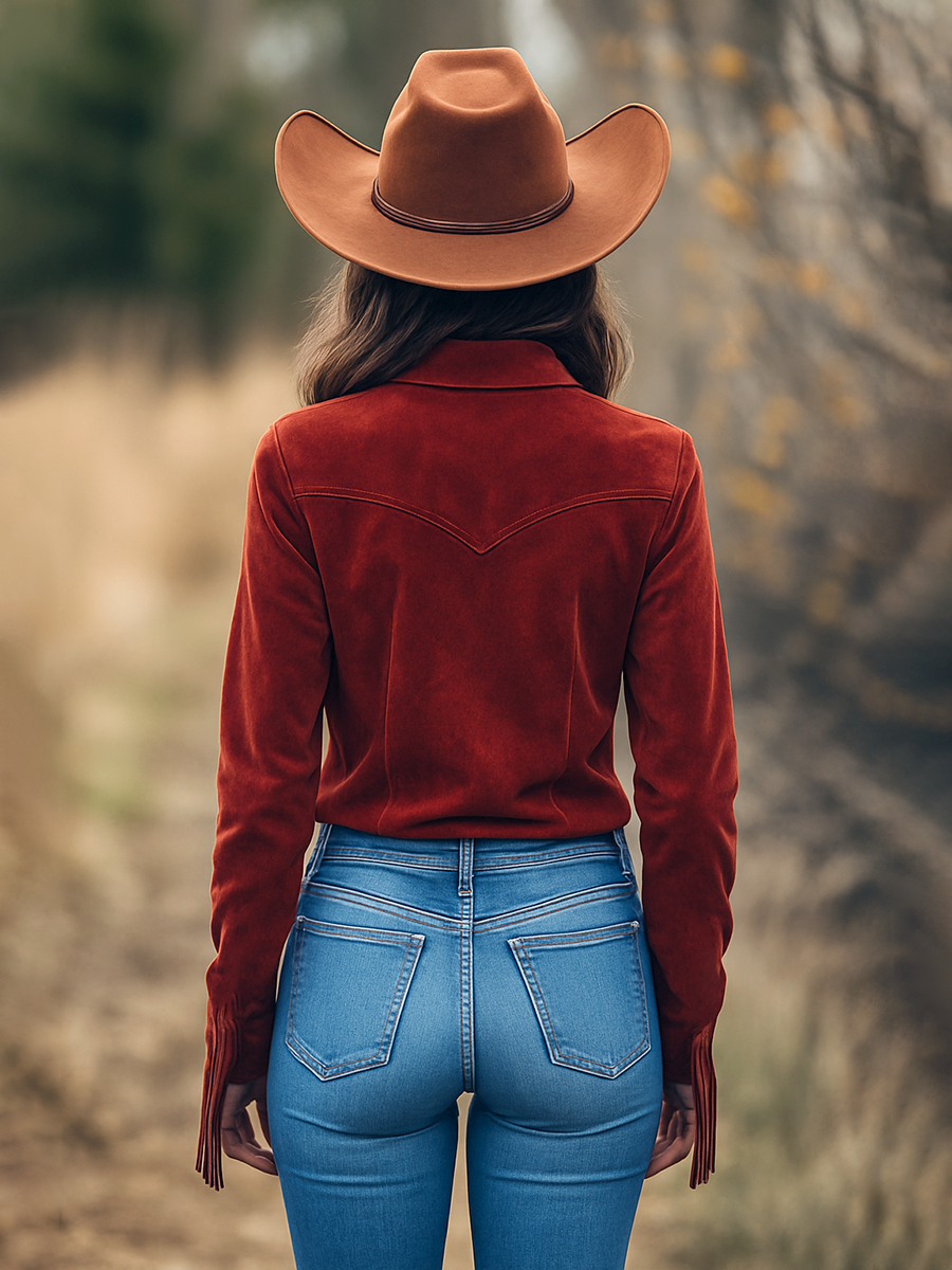 Chemise Cowboy Rouge en Daim à Manches Longues avec Revers et Franges - Expédition Rapide en 24 Heures