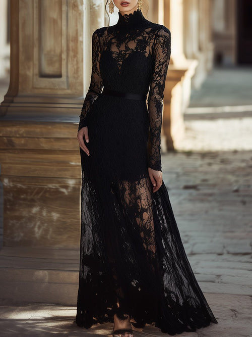 Robe de Soirée Maxi Élégante en Dentelle Noire avec Col Haut - Expédition Rapide en 24 Heures