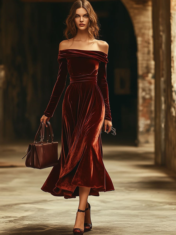 Robe Midi Longue en Velours Unie à Manches Longues - Décolleté Bardot Parfait pour Vos Soirées | Expédition Rapide en 24h