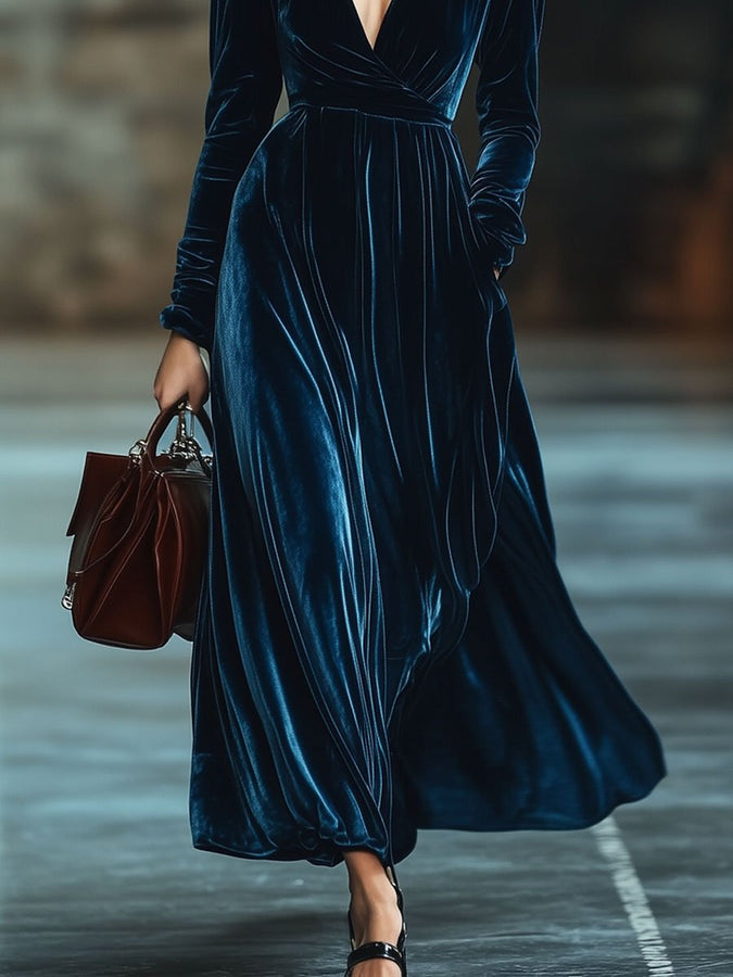 Robe Maxi en Velours Uni avec Col en V et Poches - Expédition Rapide en 24 Heures!