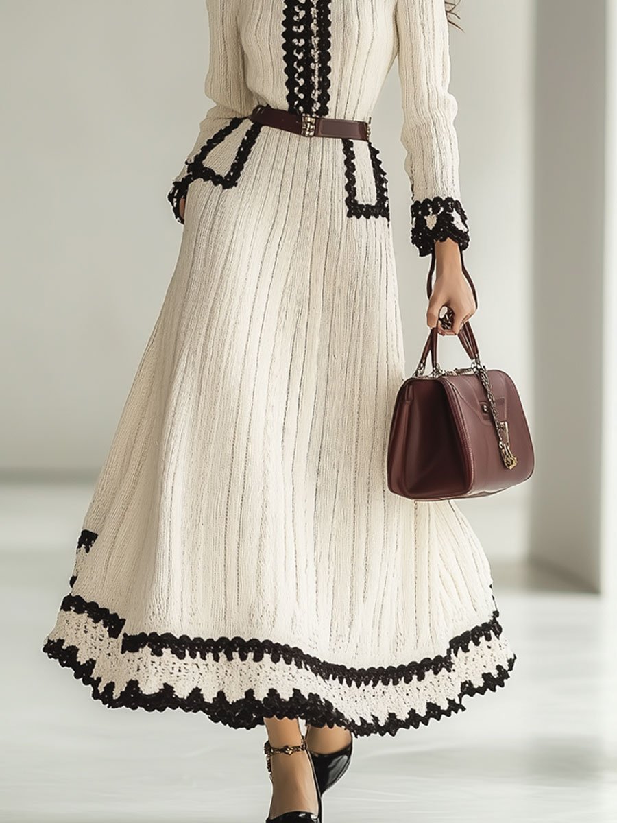 Robe Maxi Tricotée Rétro Colorblock à Manches Longues - Expédition Rapide en 24 Heures!