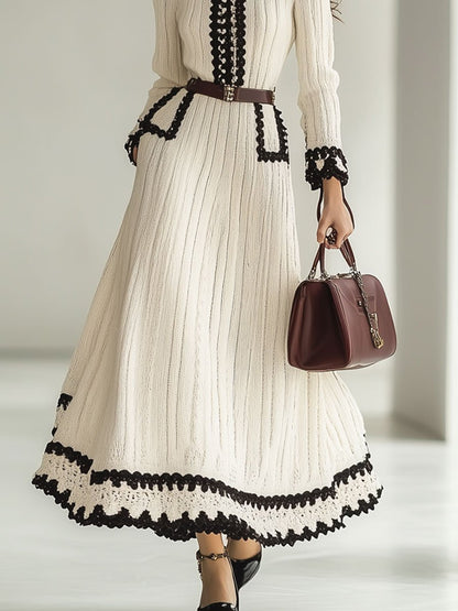 Robe Maxi Tricotée Rétro Colorblock à Manches Longues - Expédition Rapide en 24 Heures!