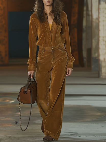 Expédition en 24h : Combinaison en Velours Côtelé Décontractée avec Col en V, Poches et Manches Longues