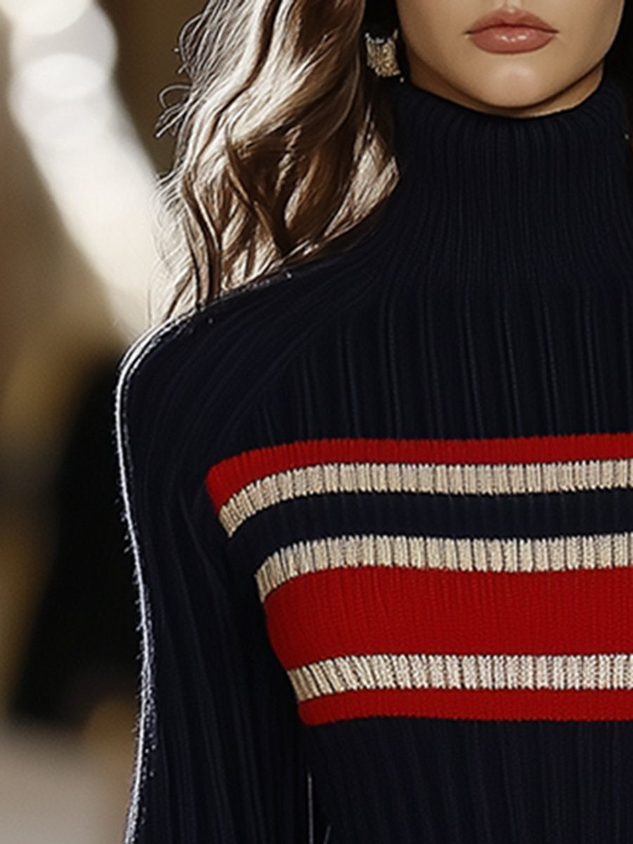 Robe Rétro Française Élégante à Col Haut : Rayures Rouge et Blanc - Expédition en 24 Heures !