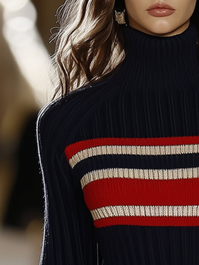Robe Rétro Française Élégante à Col Haut : Rayures Rouge et Blanc - Expédition en 24 Heures !