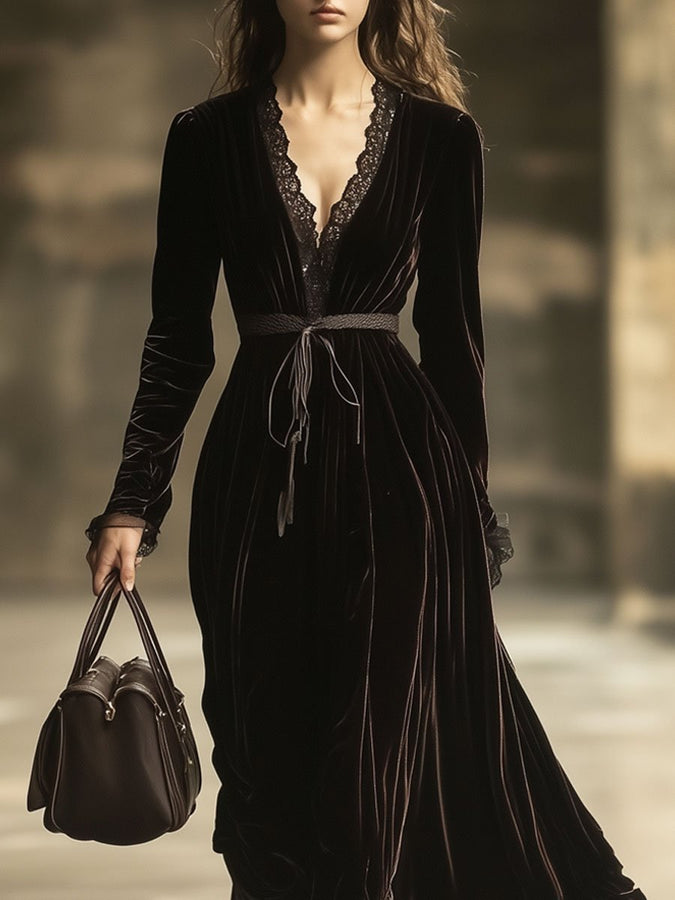 Robe Maxi Longue en Velours Uni avec Col V en Dentelle - Expédition Rapide sous 24 Heures