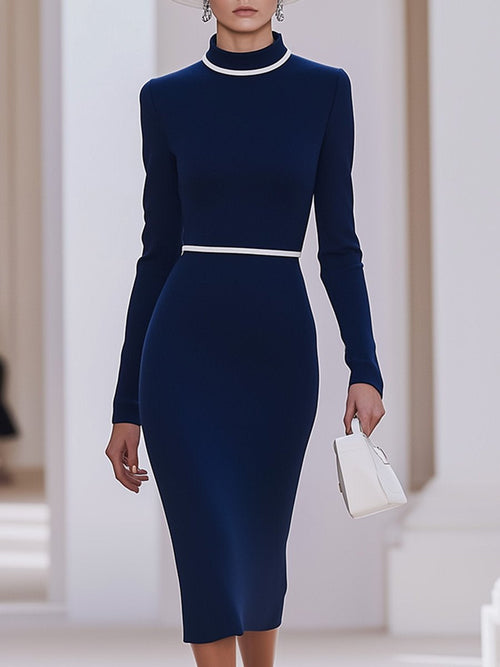 Robe Midi Élégante Blanche à Col Haut Contrasté - Expédition en 24 Heures !