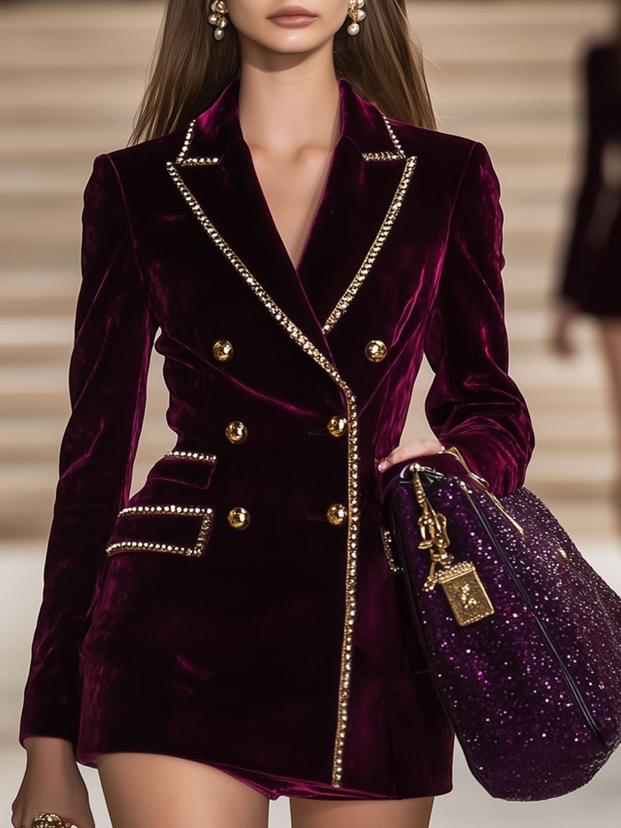 Robe Mini Vintage en Velours Bourgogne avec Détails Dorés - Expédition Rapide en 24 Heures