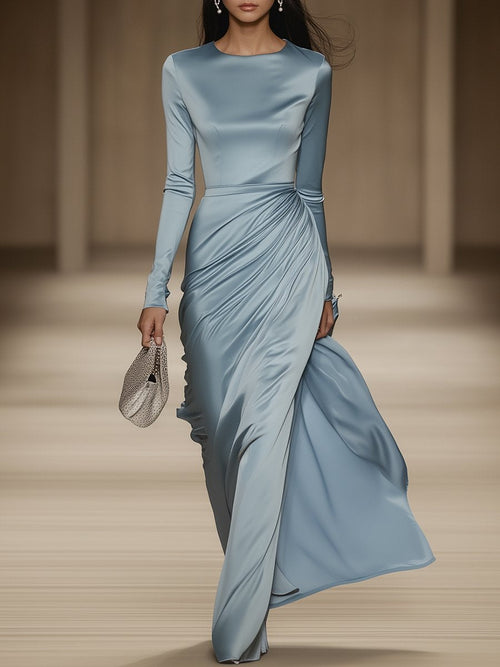 Robe Maxi Longue en Satin Bleu Élégante : Douceur et Style, Expédition en 24 Heures