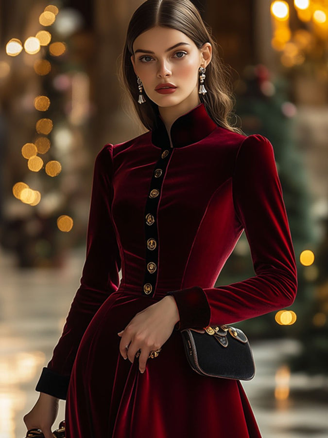 Robe Midi Longue en Velours Rouge Ankola à Manches Longues - Livraison en 24 Heures