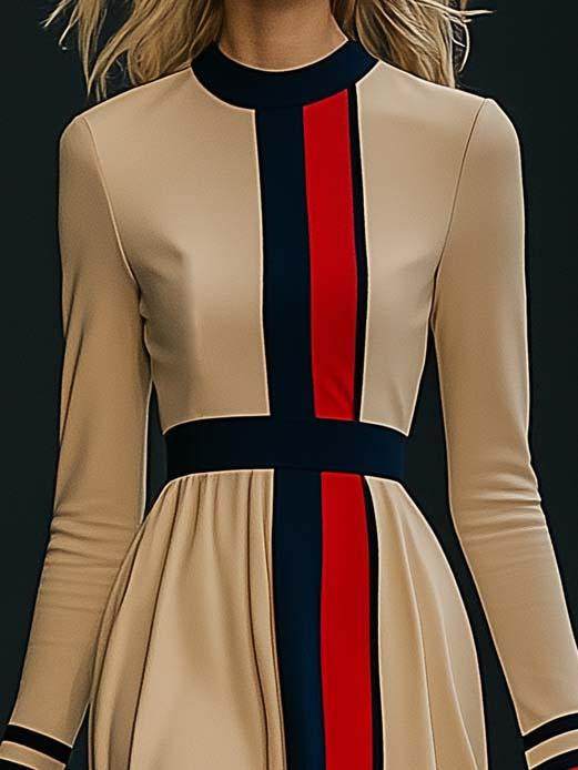 Robe Midi Élégante à Manches Longues en Colorblock - Expédition Rapide en 24 Heures