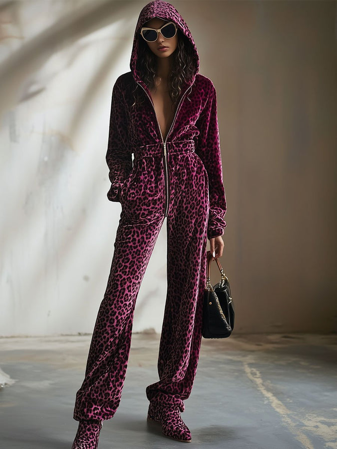 Combinaison Zippée en Velours Violet Léopard - Style Rétro Décontracté avec Taille Élastique - Expédition Rapide en 24 Heures