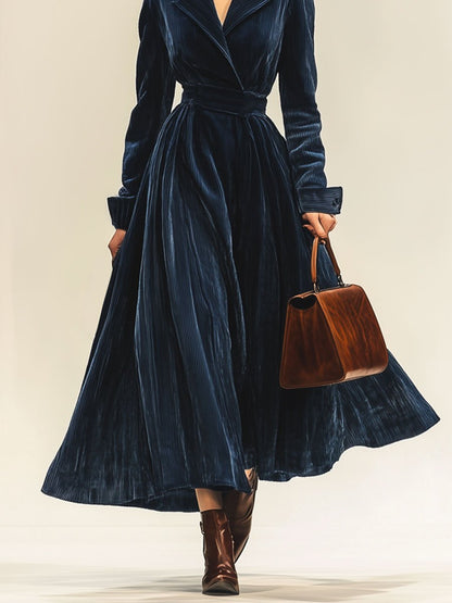 Robe Maxi Vintage en Velours Côtelé – Élégance Décontractée avec Col Revers et Manches Longues, Expédition en 24 Heures