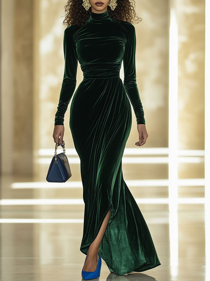 Robe Maxi Vintage en Velours à Col Montant et Manches Longues - Expédition en 24 Heures