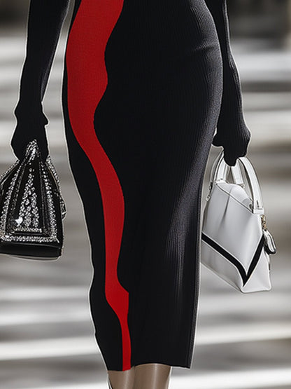 Robe en Tricot Haute Couture à Col Montant - Rouge et Noir, Expédition en 24 Heures