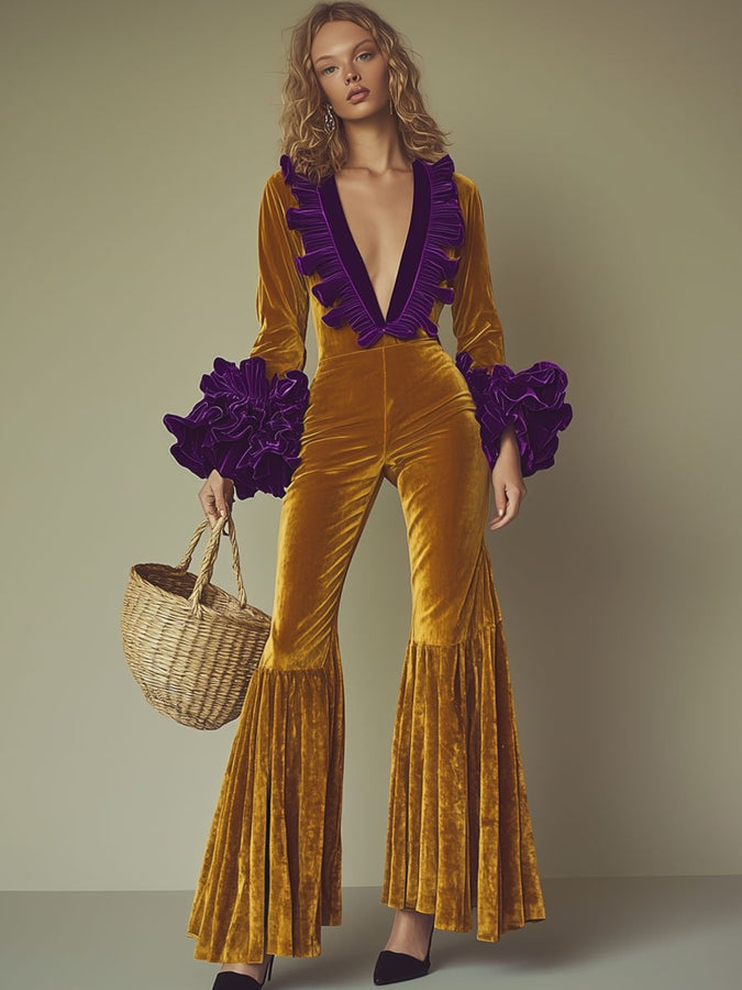 Combinaison Élégante en Velours Doré avec Volants Violets à Manches Longues - Parfaite pour vos Soirées Chic