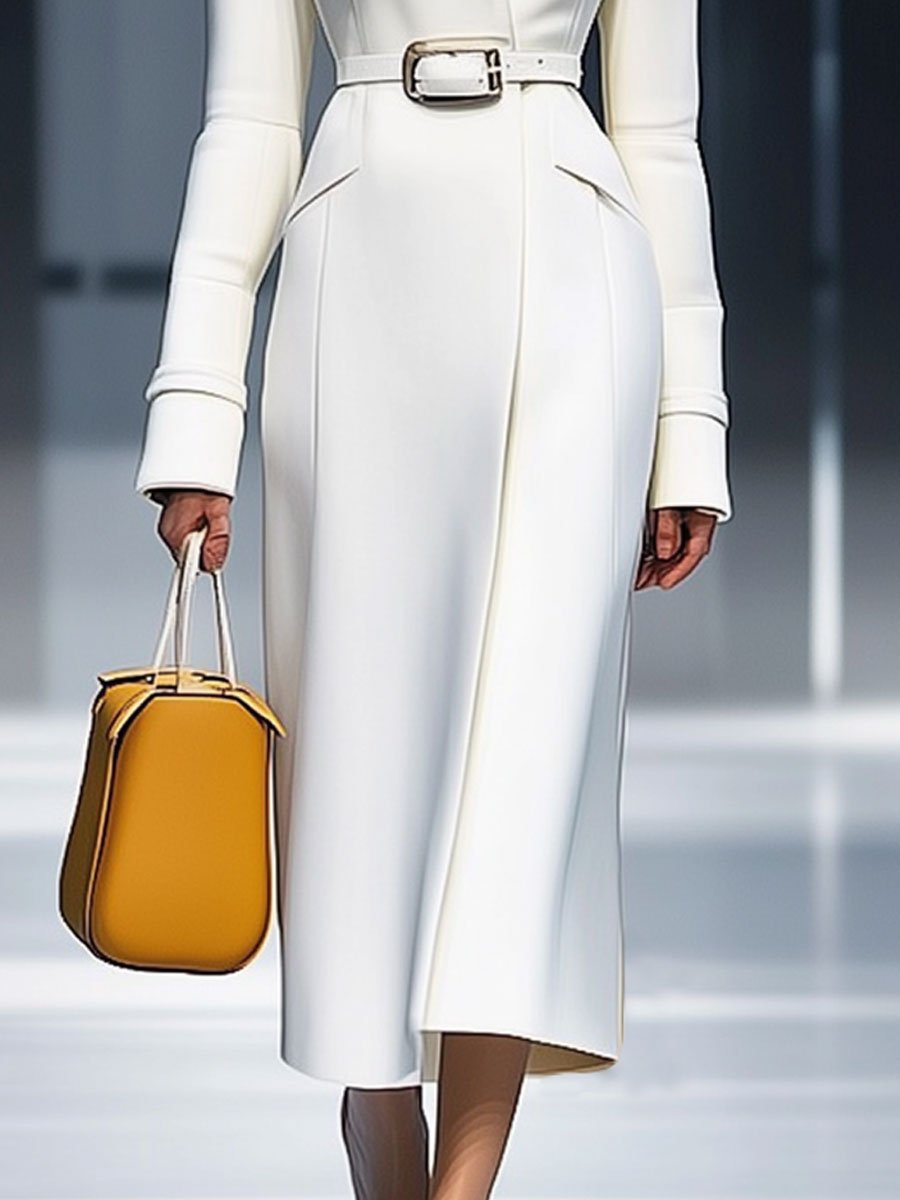 Robe Midi Décontractée Rétro Blanche à Manches Longues avec Détails en Lacets - Expédition en 24 Heures