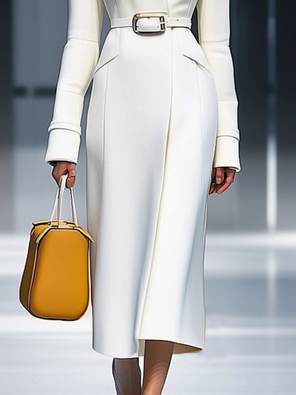 Robe Midi Décontractée Rétro Blanche à Manches Longues avec Détails en Lacets - Expédition en 24 Heures