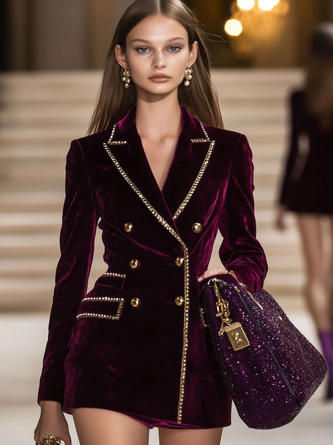 Robe Mini Vintage en Velours Bourgogne avec Détails Dorés - Expédition Rapide en 24 Heures